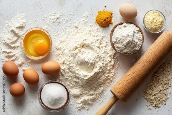 Fototapeta Baking ingredients arranged on a rustic countertop for cooking preparation