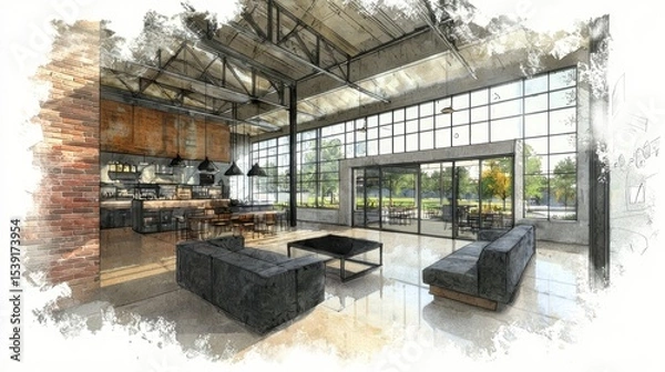 Obraz Industrial style cafe interior design sketch.