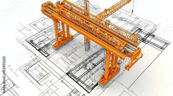 Obraz Engineering design of a large crane on architectural blueprints.