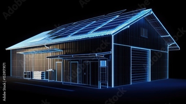 Obraz A modern shed with solar panels, outlined in bright blue light.