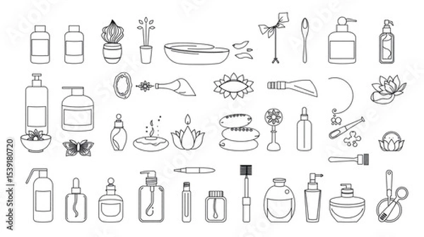 Fototapeta Outline drawing of assorted spa and wellness items including bottles plants and stones arranged neatly created with generated ai