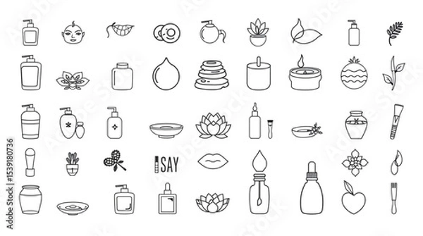 Fototapeta Collection of outlined spa and beauty icons featuring bottles, plants and other wellness elements created with generated ai