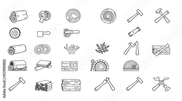 Fototapeta Illustration of woodworking elements including logs, wood planks, tools and plants in outline style created with generated ai