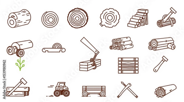 Obraz Collection of logging industry related icons featuring logs, tools, and transportation methods created with generated ai