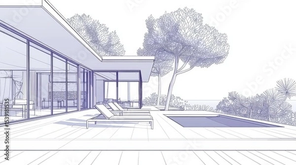 Obraz Outdoor architectural design of a modern house with a pool.