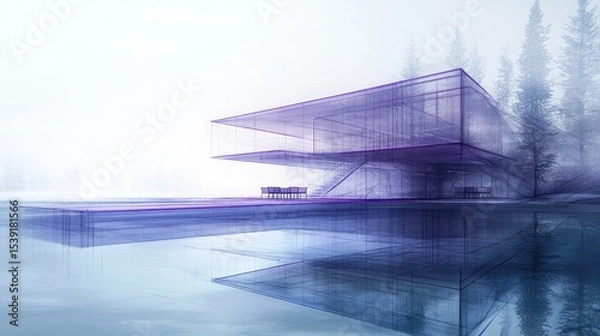 Obraz Modern architectural design of a multi-level building reflected in a still body of water.