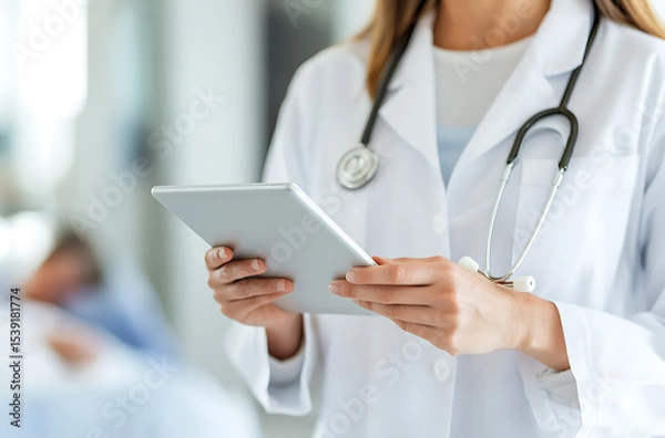 Obraz Healthcare professional using a digital tablet. Doctor in lab coat with stethoscope reviewing patient data. Modern medical technology in practice.