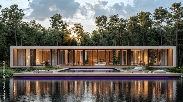 Obraz Modern house with a pool by a tranquil lake.