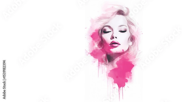 Obraz A stylized watercolor portrait of a woman with eyes closed, her face softly rendered in pink against a white background.  The image evokes peace and femininity.