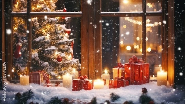 Fototapeta Snowy window, Christmas cheer. Warm lights illuminate a festive scene of a small Christmas tree, presents, and candles, viewed from a snow-covered windowsill