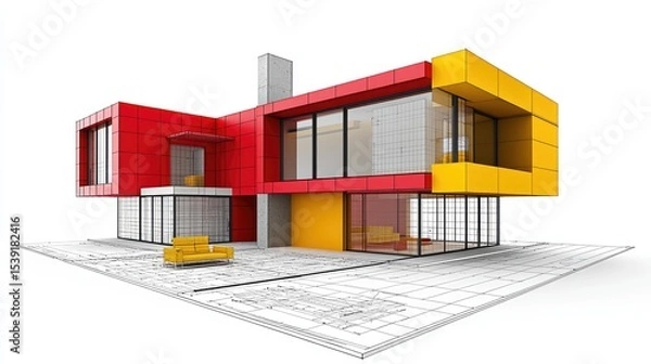 Obraz Modern house design on architectural blueprints.