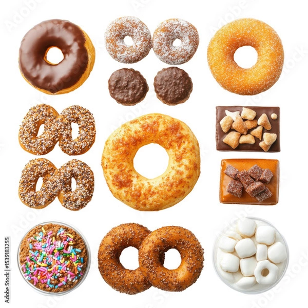 Fototapeta Assorted Donuts and Sweets Displayed Beautifully on a White Background for a Tempting Treat Experience on transparent background