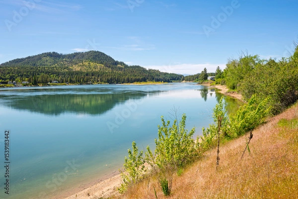 Fototapeta Late Spring view from the riverfront Le Clerc road of the Pend Oreille River as it runs through the small town of Newport, Washington, in the Northeast region of the state.