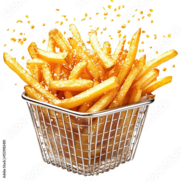 Fototapeta Crispy Golden French Fries in a Wire Basket with Seasoning Sprinkles on transparent background