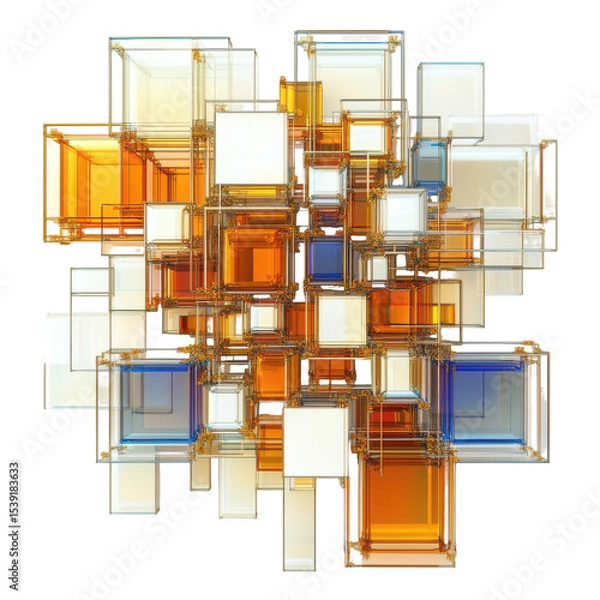 Fototapeta Abstract Geometric Composition of Colorful Glass-Like Cubes in Orange, Blue, and Clear Tones on transparent background