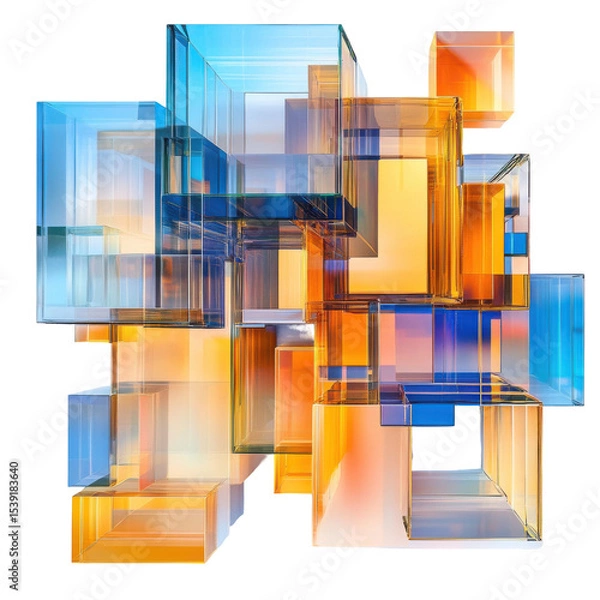 Fototapeta Abstract geometric design featuring colorful transparent cubes in blue, orange, and yellow hues, creating a modern artistic composition.