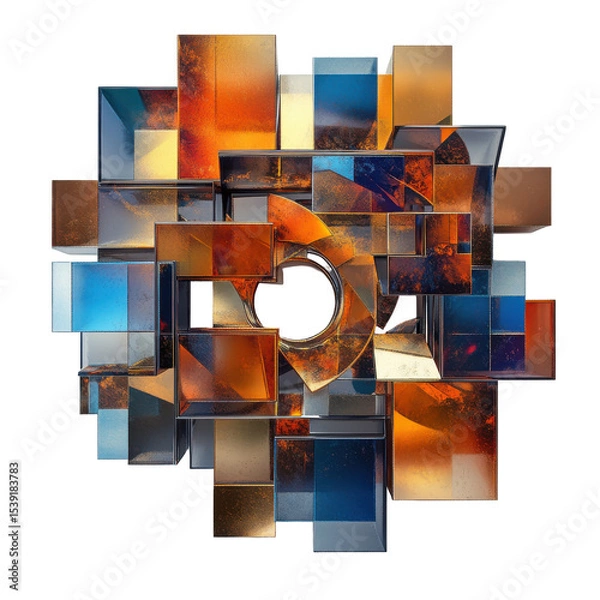 Fototapeta Modern Geometric Sculpture with Colorful Cubes and Circular Centerpiece in Artistic Display on transparent background
