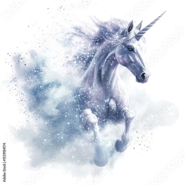Fototapeta Majestic White Unicorn Leaping Through a Mystical Cloud of Sparkling Magic on transparent background