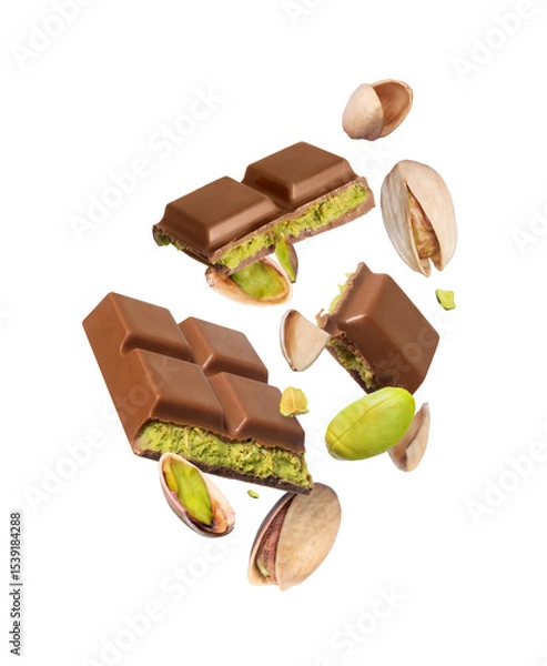 Fototapeta Dubai chocolate with pistachios in the air isolated on white background. Dubai chocolate is made with pistachio paste and kadayif