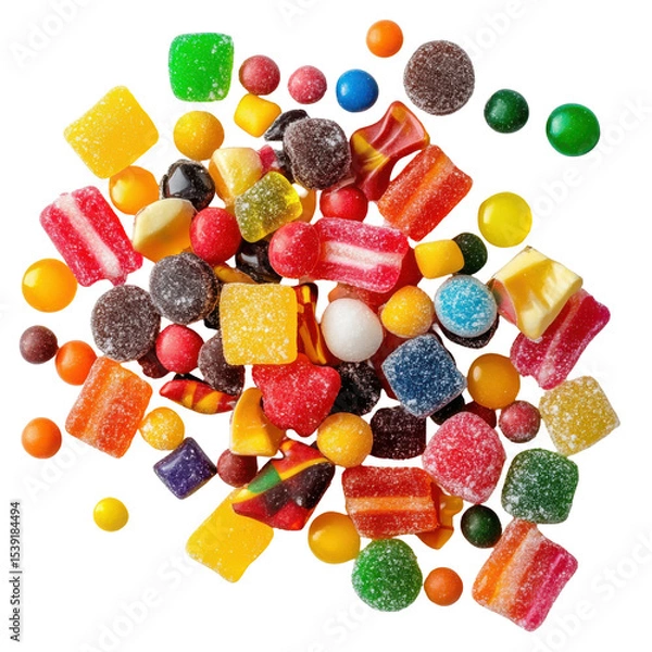 Fototapeta Colorful Assortment of Gummies and Hard Candies on a White Background, Perfect for Celebrations and Treats on transparent background