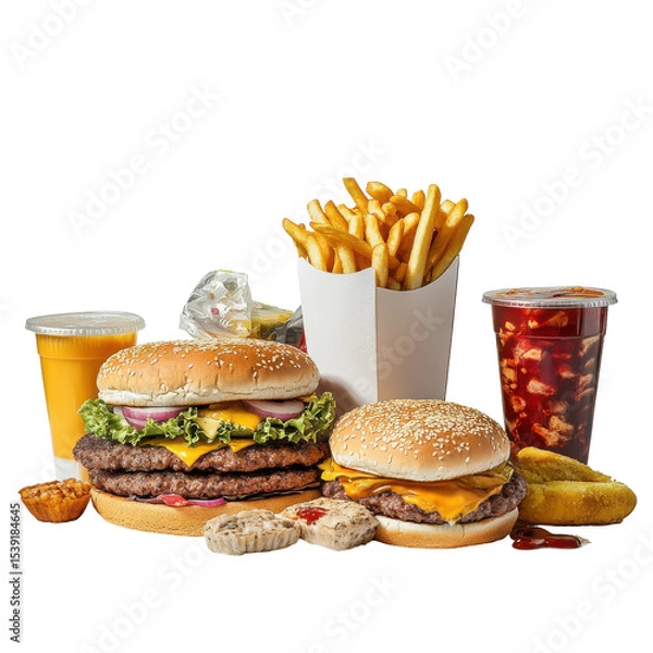 Fototapeta Delicious Fast Food Meal with Burgers, Fries, and Drinks for a Satisfying Experience on transparent background