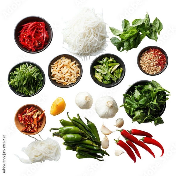 Fototapeta Fresh Asian Ingredients for Flavorful Dishes: Noodles, Herbs, and Spices in a Culinary Setup on transparent background