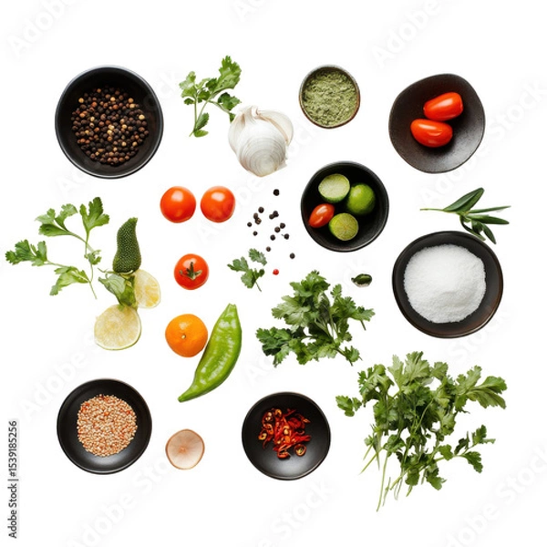 Fototapeta Fresh Ingredients for a Vibrant Culinary Experience: Herbs, Spices, and Vegetables for Flavorful Dishes on transparent background