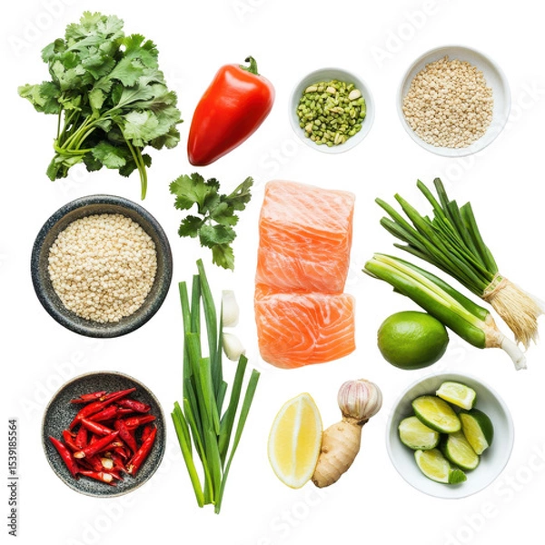Fototapeta Fresh Ingredients for a Healthy Salmon Dish with Herbs, Citrus, and Spices in a Bright Kitchen Setting on transparent background