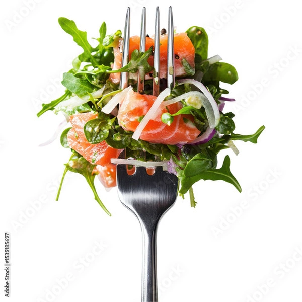 Fototapeta Fresh Salmon Salad on a Fork with Mixed Greens and Vegetables, Perfect for Healthy Eating Enthusiasts on transparent background