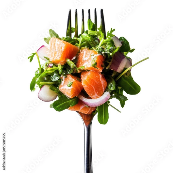Fototapeta Fresh Salmon Salad with Greens and Onions on a Fork, Perfect for Healthy Eating on transparent background