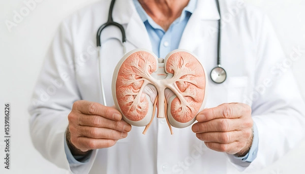 Obraz Physician demonstrating kidney model for education, diagnosis, or treatment. Medical professional with stethoscope. Ideal for healthcare concepts.