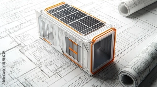 Obraz Small sustainable dwelling design on architectural blueprints.