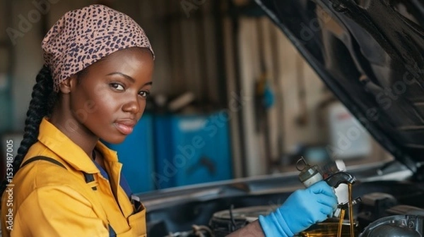 Obraz A skilled female mechanic in a workshop, expertly checking oil levels in a vehicle, showcasing confidence and professionalism in her craft and breaking stereotypes effectively.