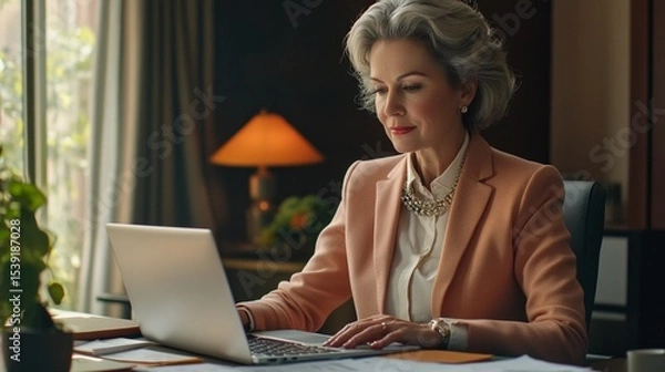 Obraz Sophisticated businesswoman working on her laptop in a stylish office, exuding professionalism and focus. The warm ambiance enhances her concentration.