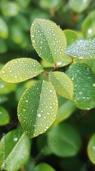 Obraz Fresh green leaves adorned with glistening water droplets capture the essence of nature's beauty, highlighting the intricate details and textures in this stunning macro shot.