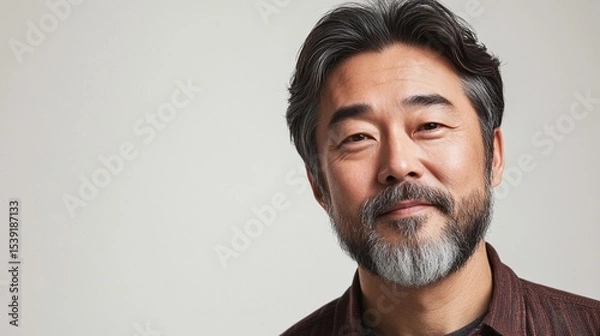 Obraz Confident middle-aged Asian man with salt-and-pepper beard and hair, wearing a maroon shirt, looking directly at camera with warm, wise expression against neutral background