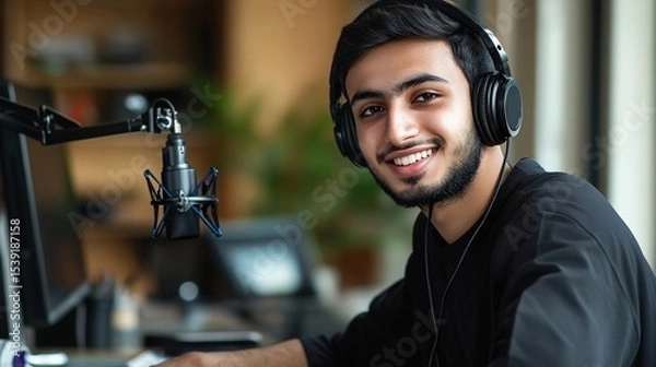 Obraz A young man with headphones smiles while working at a modern desk, showcasing a vibrant workspace filled with technology and greenery, capturing the essence of remote productivity and creativity.