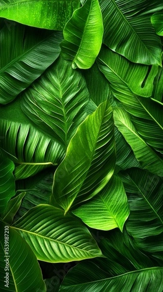 Obraz Lush green leaves background creating a serene and vibrant atmosphere, perfect for nature-themed projects, interior designs, or eco-friendly lifestyle representations.