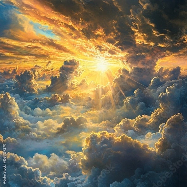 Obraz Breathtaking sunset illuminating a dramatic sky filled with vibrant colors and billowing clouds, creating a serene and majestic atmosphere that inspires awe and wonder.