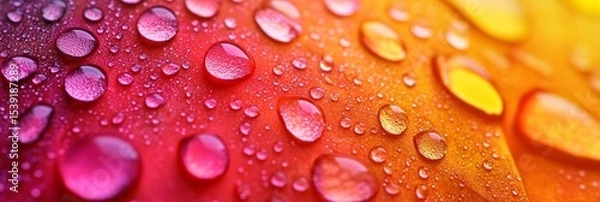 Obraz Colorful water droplets adorn a vibrant surface, creating an abstract and mesmerizing pattern of refracted light and vivid hues, perfect for backgrounds or artistic designs.