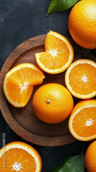 Obraz Freshly cut oranges arranged on a wooden plate, showcasing their vibrant orange color and juicy texture, perfect for food photography, healthy recipes, and citrus-themed content.