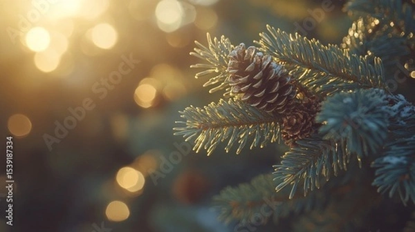 Obraz Captivating close-up of a pine cone nestled among evergreen branches, illuminated by soft sunlight, creating a tranquil, nature-inspired atmosphere suitable for seasonal themes.