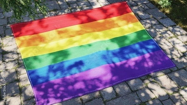 Obraz A vibrant rainbow flag lying on a cobblestone pathway, showcasing its colorful stripes and casting unique shadows from nearby trees, symbolizing pride and diversity.