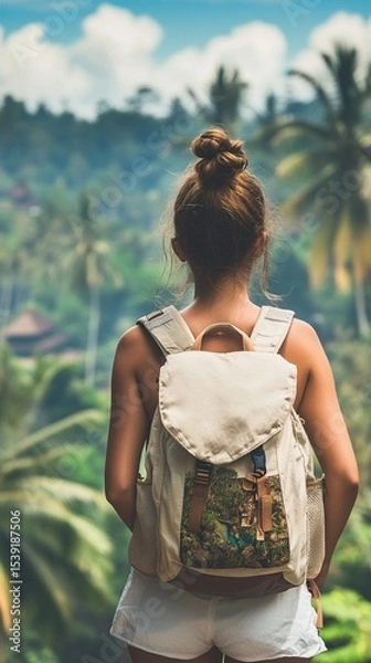 Obraz Captivating landscape view captured from behind a young traveler wearing a backpack, gazing into a lush tropical paradise filled with palm trees and serene beauty.