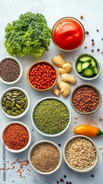 Obraz Colorful and vibrant assortment of fresh vegetables and nutritious grains arranged beautifully in bowls, perfect for healthy eating, meal prep, or vegetarian recipes.