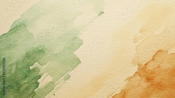 Obraz A beautiful watercolor texture featuring soft green and earthy orange hues, perfect for backgrounds or artistic projects that require an abstract touch and soothing tones.