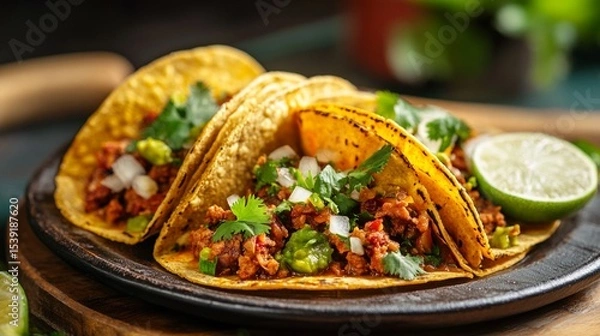 Obraz Sizzling Mexican street tacos with crispy corn tortillas, spicy ground meat, fresh cilantro, and diced onions, served on a rustic ceramic plate with lime wedges