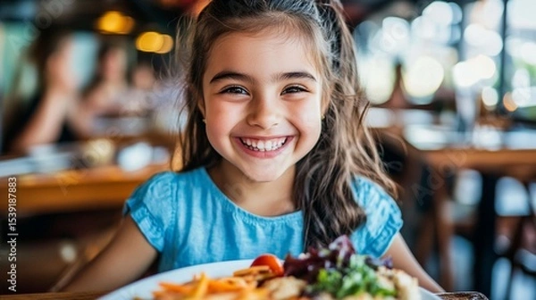 Obraz Joyful young girl enjoying a colorful meal at a restaurant, radiating happiness with her bright smile and cheerful blue top