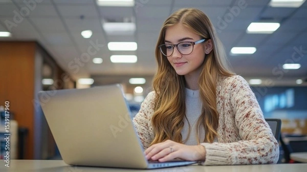 Obraz A young woman with glasses is focused on her laptop in a modern workspace, embodying productivity and concentration while working on her project.