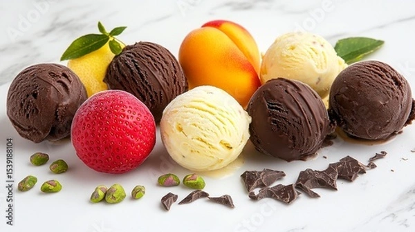 Obraz Deliciously vibrant scoops of chocolate, vanilla, and fruity ice cream, garnished with fresh fruits and nuts, perfect for summer delights and dessert lovers everywhere!